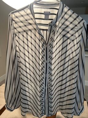 Chico's Elegant Sheer Black & White Striped Button Front Blouse